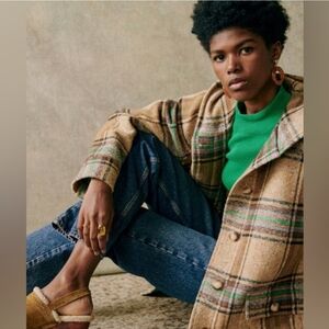 SÉZANE Suzon Multi Taupe Plaid Hooded Wool Coat Medium New